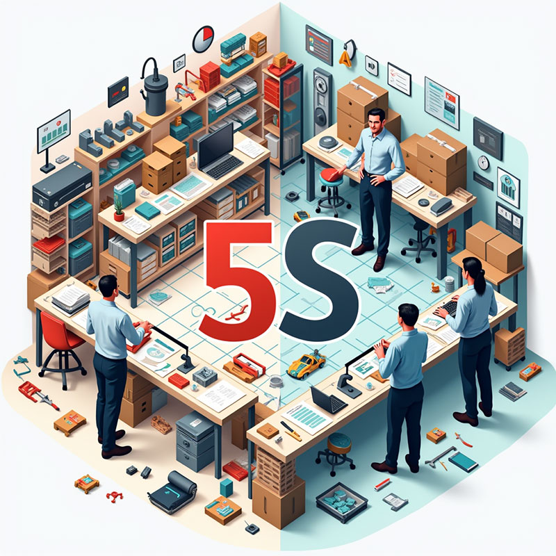 تصویر تفاوت محیط کار قبل و بعد از اجرای نظام 5S شامل نظم و ترتیبدهی حرفهای.